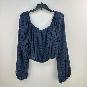 Saints & Hearts Crop Top Womens Blouse L Blue Scoop‎ Neck Crochet Open Knit